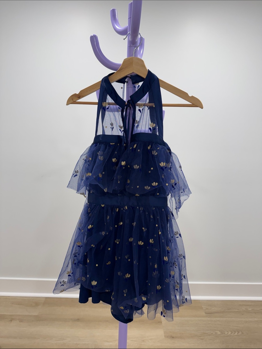 Navy Halter Tulle Tiered Jumpsuit with Gold Detail
